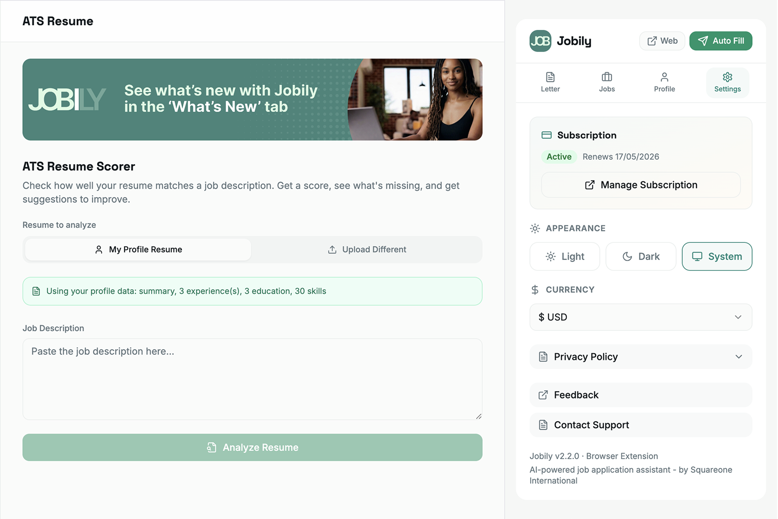 Illustration of Jobily ATS resume scorer with compatibility score and keywords