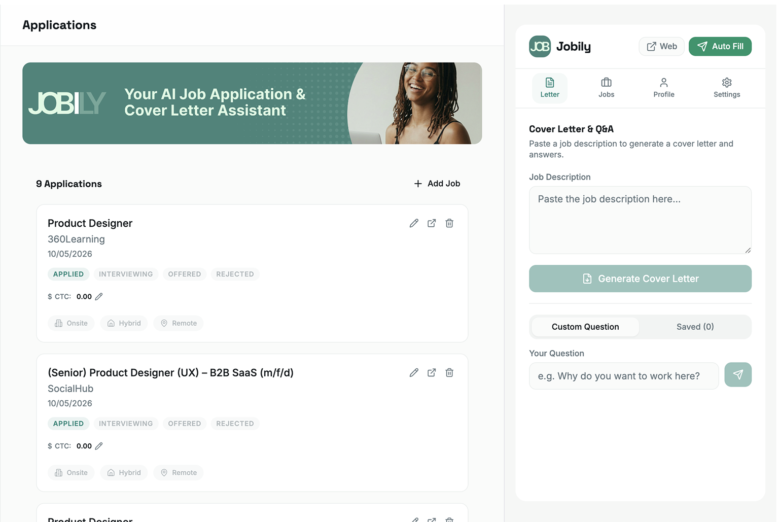Illustration of Jobily auto-filling job application fields in a browser